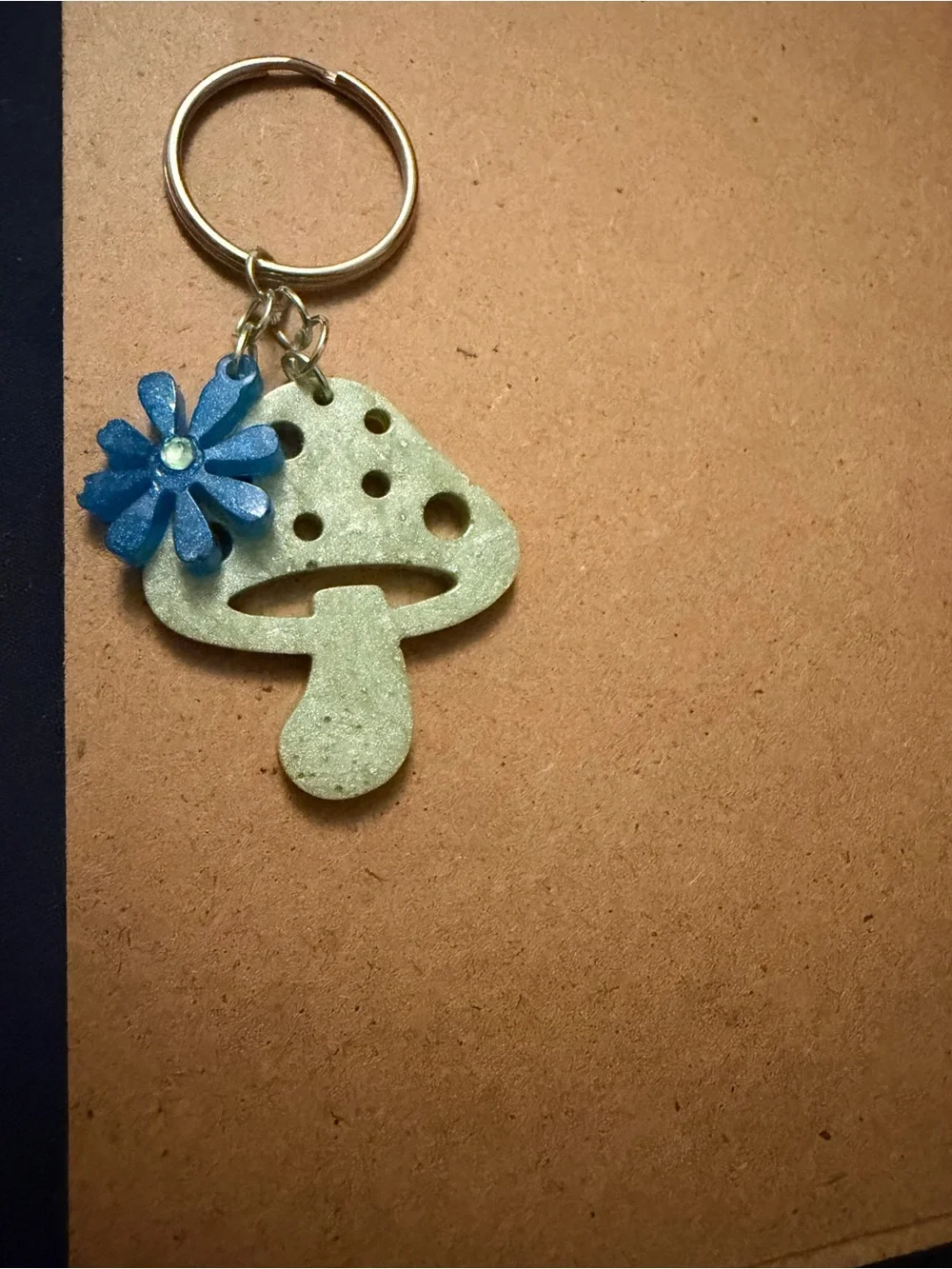 Teal Mushroom Keychain with Blue Flower Charm